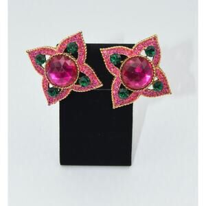 Vintage JAY FEINBERG (STRONGWATER) Quatrefoil Rhinestone Gold Tone Clip Earrings